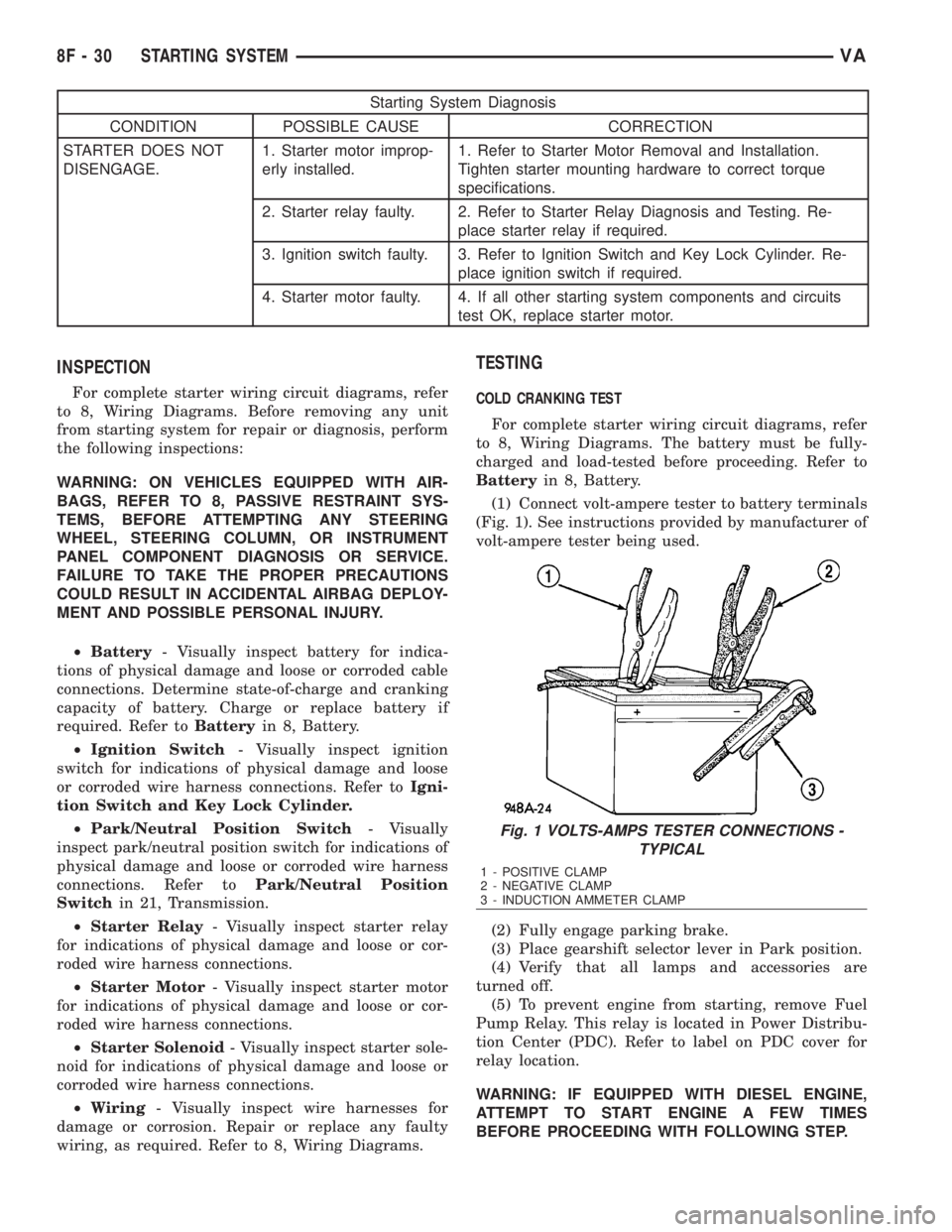 MERCEDES-BENZ SPRINTER 2006  Service Manual Starting System Diagnosis
CONDITION POSSIBLE CAUSE CORRECTION
STARTER DOES NOT
DISENGAGE.1. Starter motor improp-
erly installed.1. Refer to Starter Motor Removal and Installation.
Tighten starter mou