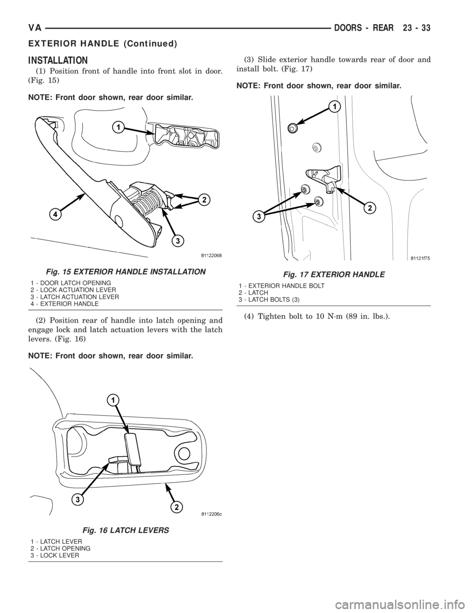 MERCEDES-BENZ SPRINTER 2005  Service Repair Manual INSTALLATION
(1) Position front of handle into front slot in door.
(Fig. 15)
NOTE: Front door shown, rear door similar.
(2) Position rear of handle into latch opening and
engage lock and latch actuati