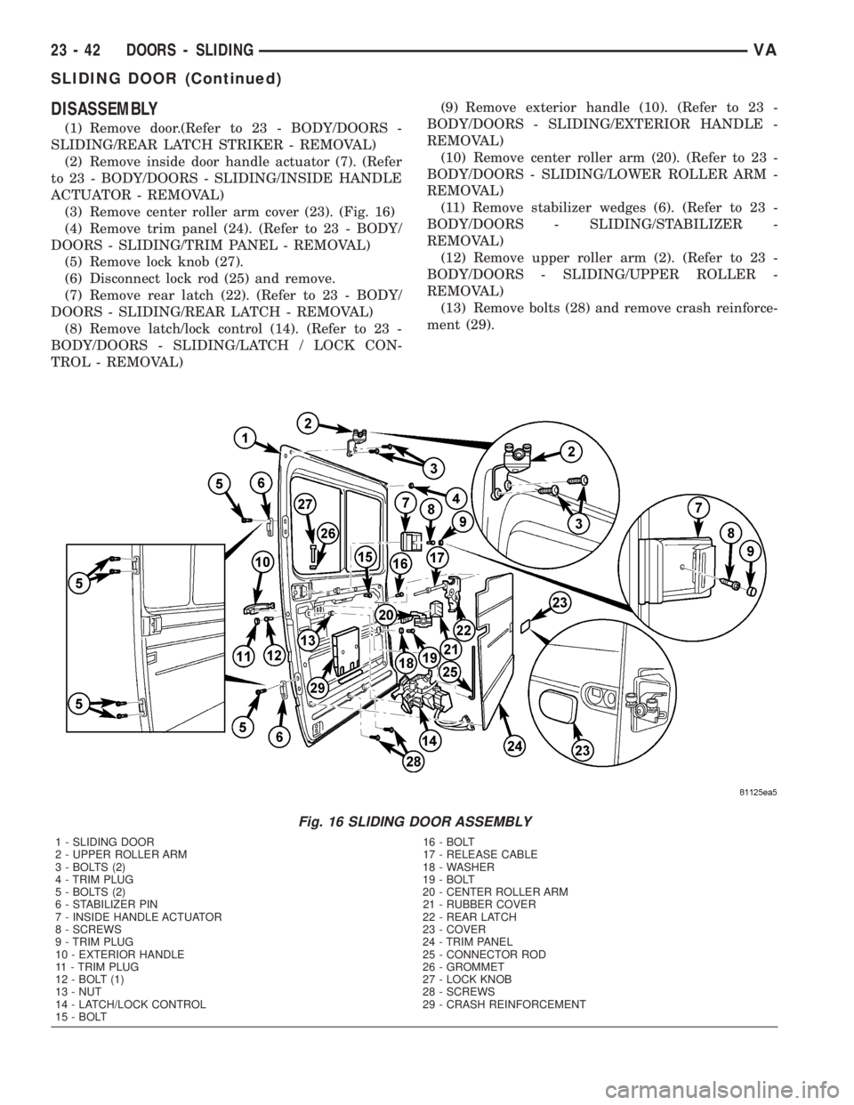 MERCEDES-BENZ SPRINTER 2005  Service Repair Manual DISASSEMBLY
(1) Remove door.(Refer to 23 - BODY/DOORS -
SLIDING/REAR LATCH STRIKER - REMOVAL)
(2) Remove inside door handle actuator (7). (Refer
to 23 - BODY/DOORS - SLIDING/INSIDE HANDLE
ACTUATOR - R