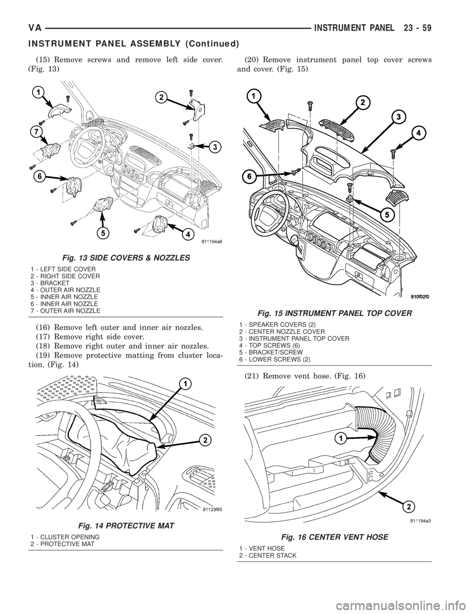 MERCEDES-BENZ SPRINTER 2005  Service Repair Manual (15) Remove screws and remove left side cover.
(Fig. 13)
(16) Remove left outer and inner air nozzles.
(17) Remove right side cover.
(18) Remove right outer and inner air nozzles.
(19) Remove protecti