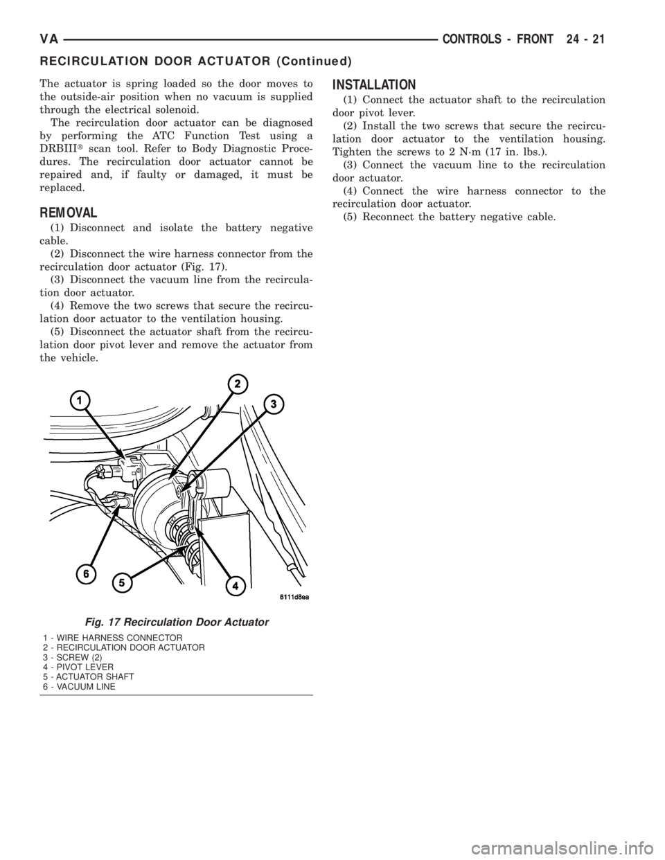 MERCEDES-BENZ SPRINTER 2005  Service Repair Manual The actuator is spring loaded so the door moves to
the outside-air position when no vacuum is supplied
through the electrical solenoid.
The recirculation door actuator can be diagnosed
by performing t