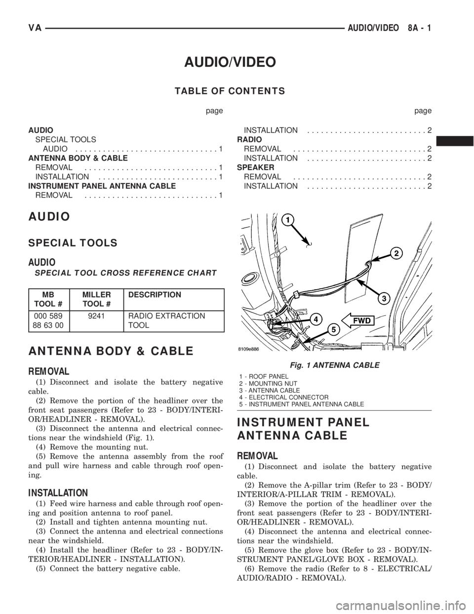 MERCEDES-BENZ SPRINTER 2005  Service Repair Manual AUDIO/VIDEO
TABLE OF CONTENTS
page page
AUDIO
SPECIAL TOOLS
AUDIO...............................1
ANTENNA BODY & CABLE
REMOVAL.............................1
INSTALLATION..........................1
INS
