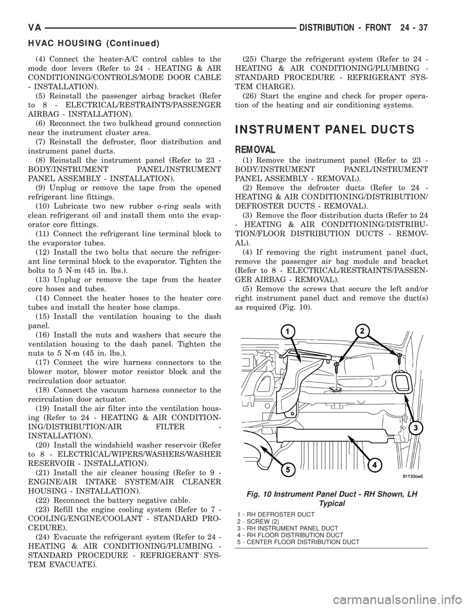 MERCEDES-BENZ SPRINTER 2005  Service Repair Manual (4) Connect the heater-A/C control cables to the
mode door levers (Refer to 24 - HEATING & AIR
CONDITIONING/CONTROLS/MODE DOOR CABLE
- INSTALLATION).
(5) Reinstall the passenger airbag bracket (Refer
