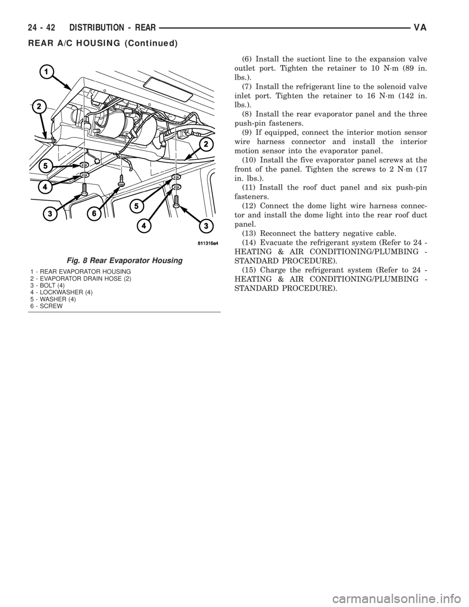 MERCEDES-BENZ SPRINTER 2005  Service Repair Manual (6) Install the suctiont line to the expansion valve
outlet port. Tighten the retainer to 10 N´m (89 in.
lbs.).
(7) Install the refrigerant line to the solenoid valve
inlet port. Tighten the retainer