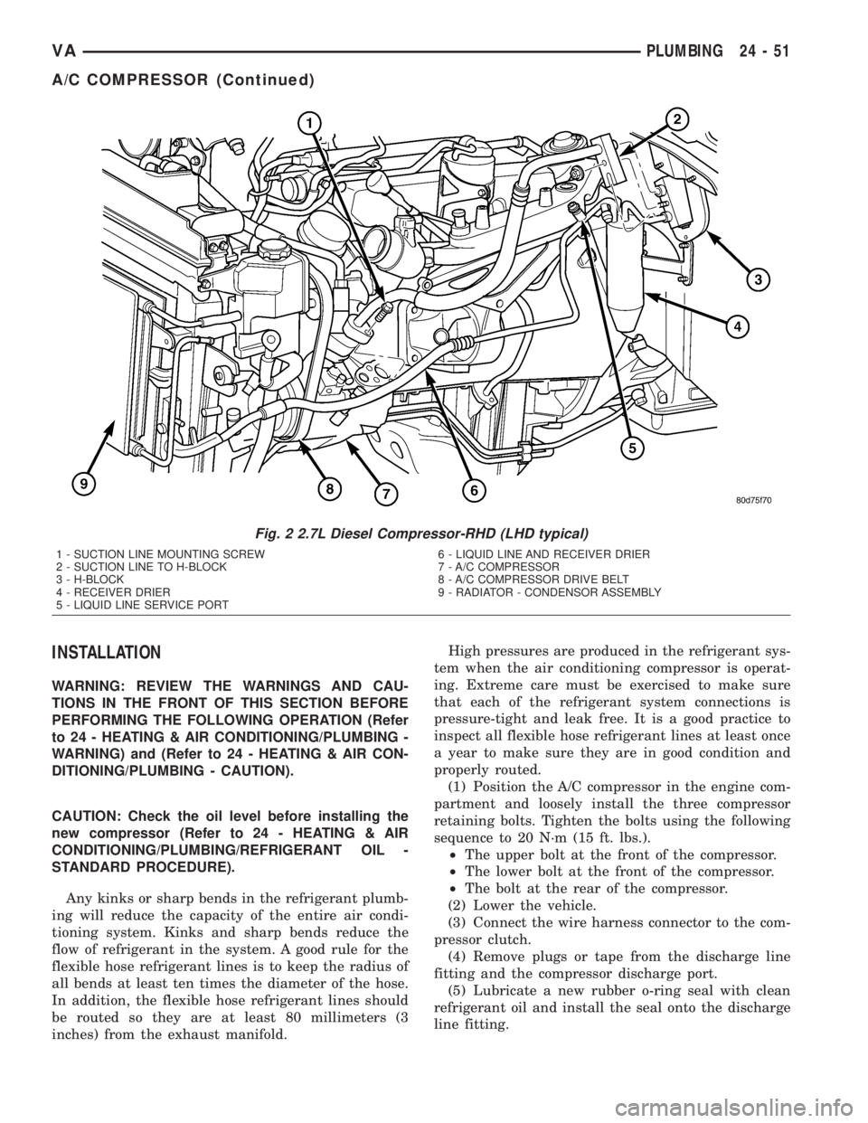 MERCEDES-BENZ SPRINTER 2005  Service Repair Manual INSTALLATION
WARNING: REVIEW THE WARNINGS AND CAU-
TIONS IN THE FRONT OF THIS SECTION BEFORE
PERFORMING THE FOLLOWING OPERATION (Refer
to 24 - HEATING & AIR CONDITIONING/PLUMBING -
WARNING) and (Refer