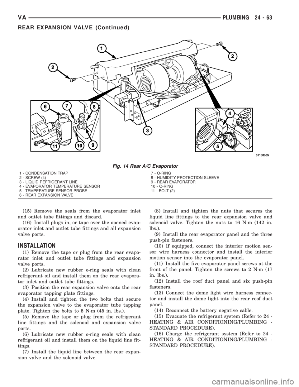 MERCEDES-BENZ SPRINTER 2005  Service Repair Manual (15) Remove the seals from the evaporator inlet
and outlet tube fittings and discard.
(16) Install plugs in, or tape over the opened evap-
orator inlet and outlet tube fittings and all expansion
valve
