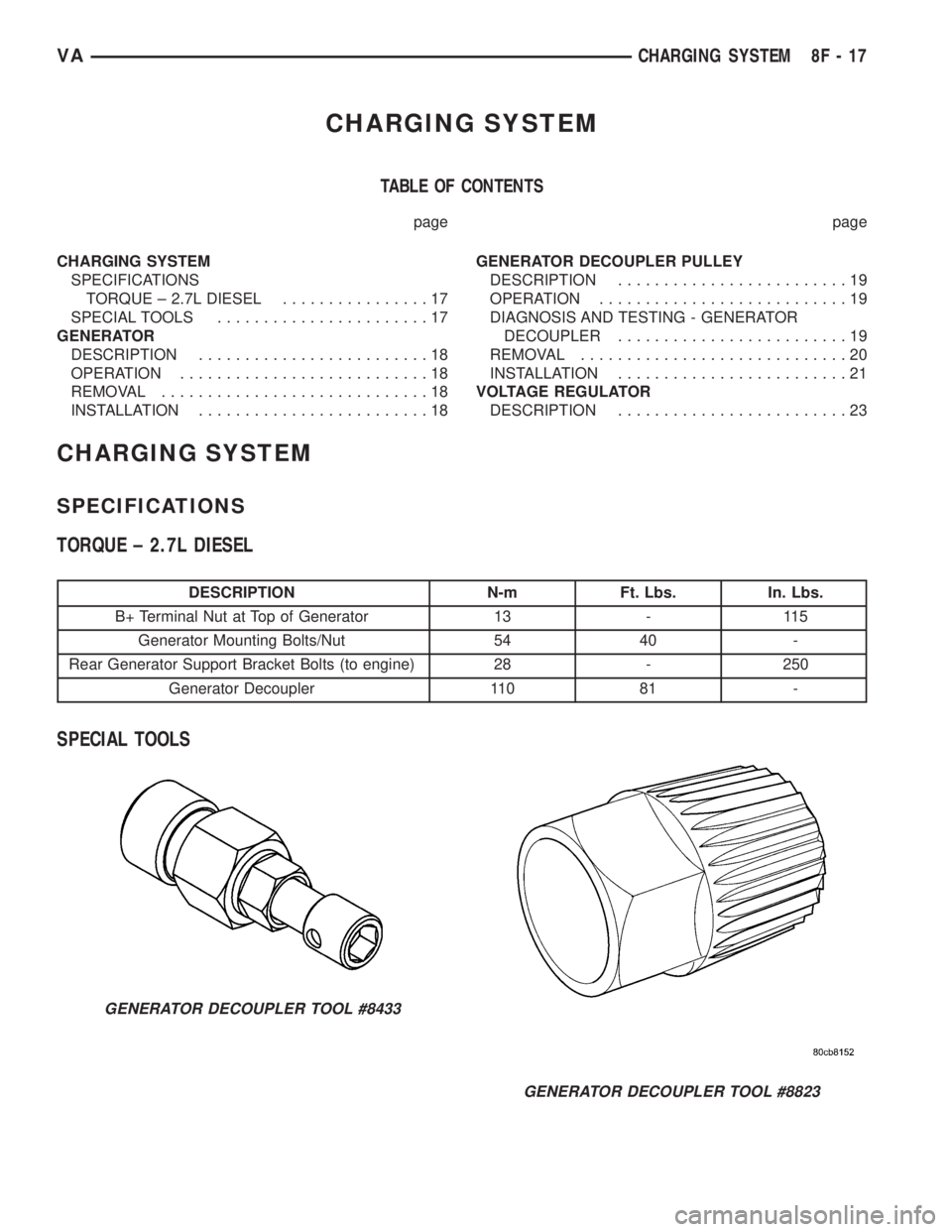 MERCEDES-BENZ SPRINTER 2005  Service Repair Manual CHARGING SYSTEM
TABLE OF CONTENTS
page page
CHARGING SYSTEM
SPECIFICATIONS
TORQUE ± 2.7L DIESEL................17
SPECIAL TOOLS.......................17
GENERATOR
DESCRIPTION.........................