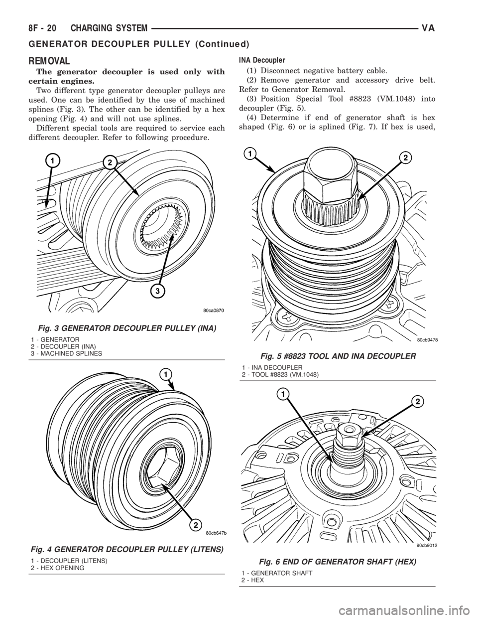 MERCEDES-BENZ SPRINTER 2005  Service Repair Manual REMOVAL
The generator decoupler is used only with
certain engines.
Two different type generator decoupler pulleys are
used. One can be identified by the use of machined
splines (Fig. 3). The other can