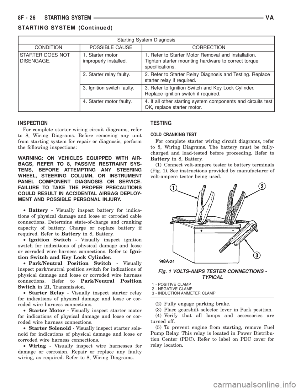 MERCEDES-BENZ SPRINTER 2005  Service Repair Manual Starting System Diagnosis
CONDITION POSSIBLE CAUSE CORRECTION
STARTER DOES NOT
DISENGAGE.1. Starter motor
improperly installed.1. Refer to Starter Motor Removal and Installation.
Tighten starter mount