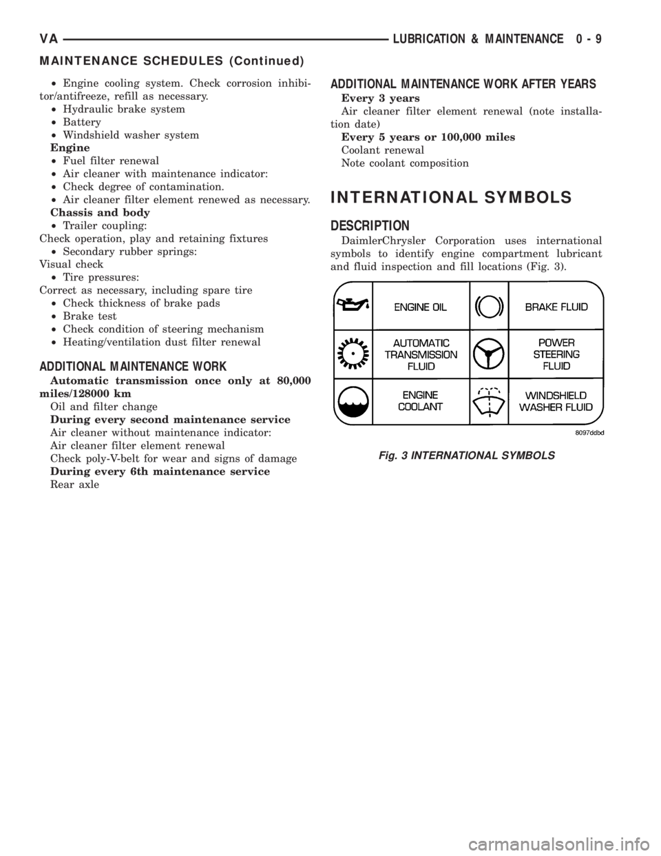 MERCEDES-BENZ SPRINTER 2005 Service Repair Manual ²Engine cooling system. Check corrosion inhibi-
tor/antifreeze, refill as necessary.
²Hydraulic brake system
²Battery
²Windshield washer system
Engine
²Fuel filter renewal
²Air cleaner with main MERCEDES-BENZ SPRINTER 2005 Service Repair Manual ²Engine cooling system. Check corrosion inhibi-
tor/antifreeze, refill as necessary.
²Hydraulic brake system
²Battery
²Windshield washer system
Engine
²Fuel filter renewal
²Air cleaner with main