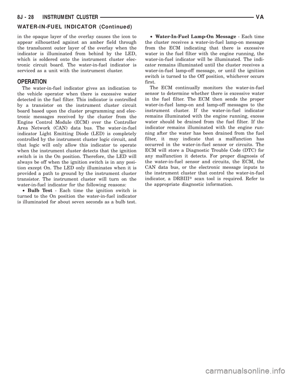 MERCEDES-BENZ SPRINTER 2005  Service Repair Manual in the opaque layer of the overlay causes the icon to
appear silhouetted against an amber field through
the translucent outer layer of the overlay when the
indicator is illuminated from behind by the 