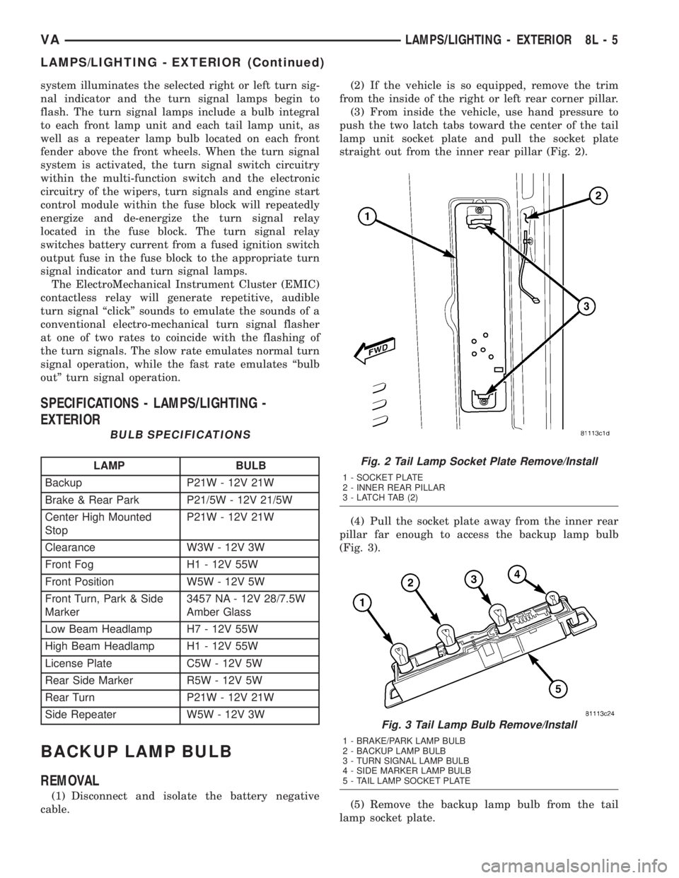 MERCEDES-BENZ SPRINTER 2005  Service Repair Manual system illuminates the selected right or left turn sig-
nal indicator and the turn signal lamps begin to
flash. The turn signal lamps include a bulb integral
to each front lamp unit and each tail lamp