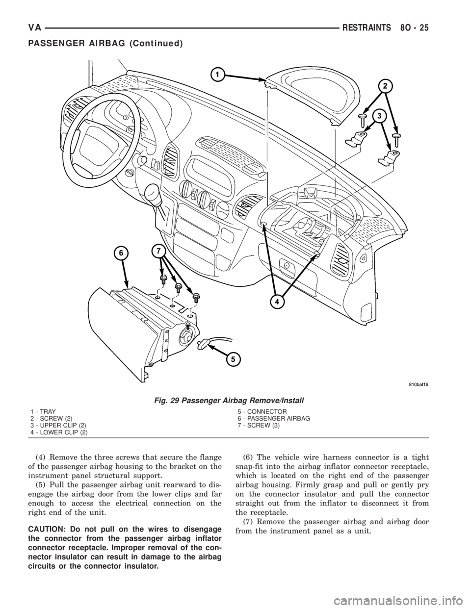 MERCEDES-BENZ SPRINTER 2005  Service Repair Manual (4) Remove the three screws that secure the flange
of the passenger airbag housing to the bracket on the
instrument panel structural support.
(5) Pull the passenger airbag unit rearward to dis-
engage