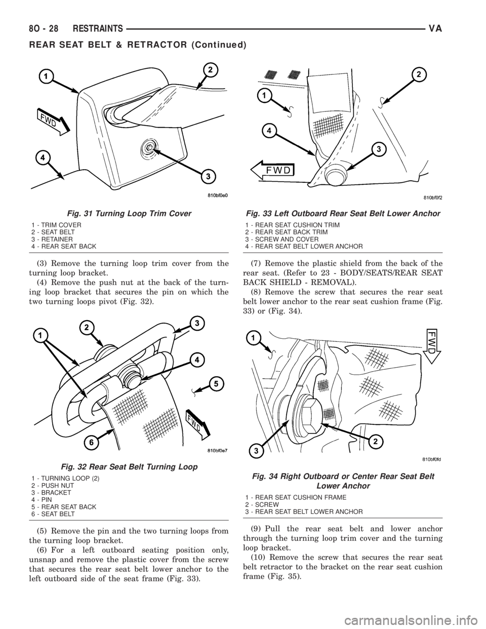 MERCEDES-BENZ SPRINTER 2005  Service Repair Manual (3) Remove the turning loop trim cover from the
turning loop bracket.
(4) Remove the push nut at the back of the turn-
ing loop bracket that secures the pin on which the
two turning loops pivot (Fig. 