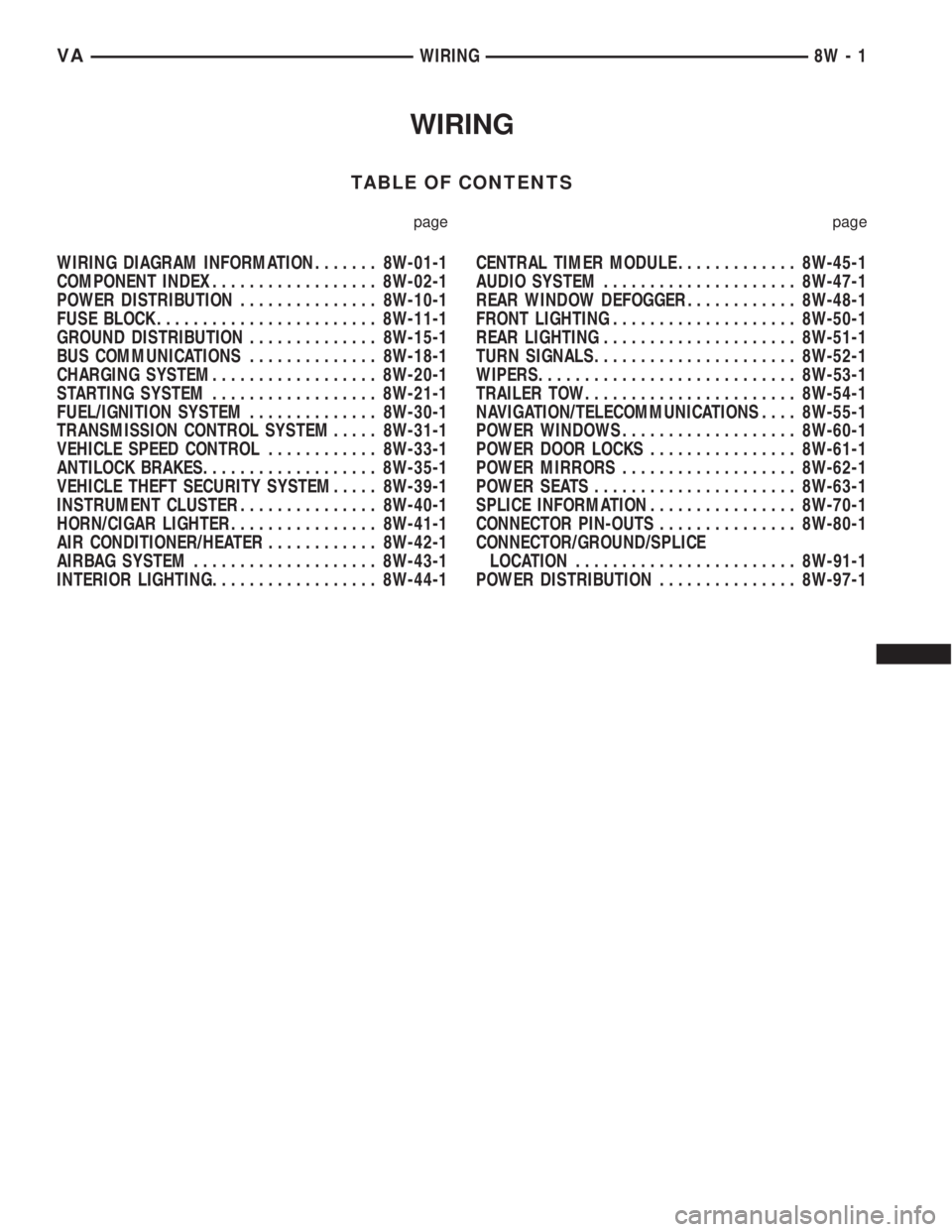 MERCEDES-BENZ SPRINTER 2005  Service Repair Manual WIRING
TABLE OF CONTENTS
page page
WIRING DIAGRAM INFORMATION....... 8W-01-1
COMPONENT INDEX.................. 8W-02-1
POWER DISTRIBUTION............... 8W-10-1
FUSE BLOCK........................ 8W-1