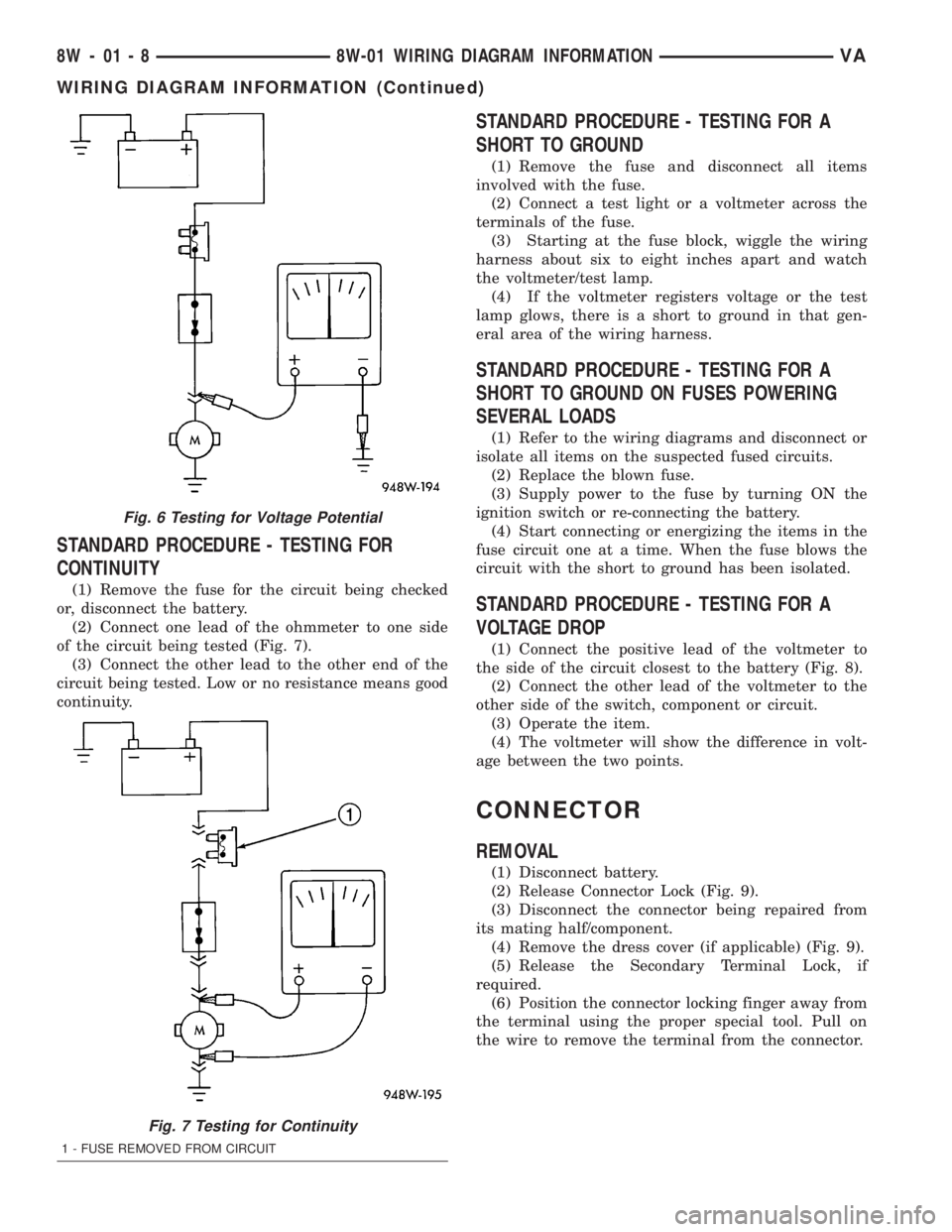 MERCEDES-BENZ SPRINTER 2005  Service Repair Manual STANDARD PROCEDURE - TESTING FOR
CONTINUITY
(1) Remove the fuse for the circuit being checked
or, disconnect the battery.
(2) Connect one lead of the ohmmeter to one side
of the circuit being tested (