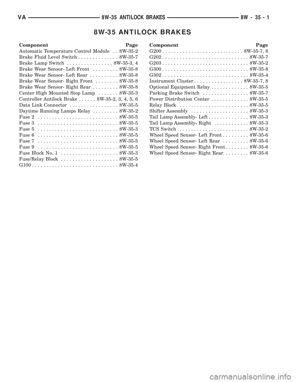 MERCEDES-BENZ SPRINTER 2005  Service Repair Manual 8W-35 ANTILOCK BRAKES
Component Page
Automatic Temperature Control Module . . 8W-35-2
Brake Fluid Level Switch.............. 8W-35-7
Brake Lamp Switch................ 8W-35-3, 4
Brake Wear Sensor- Lef