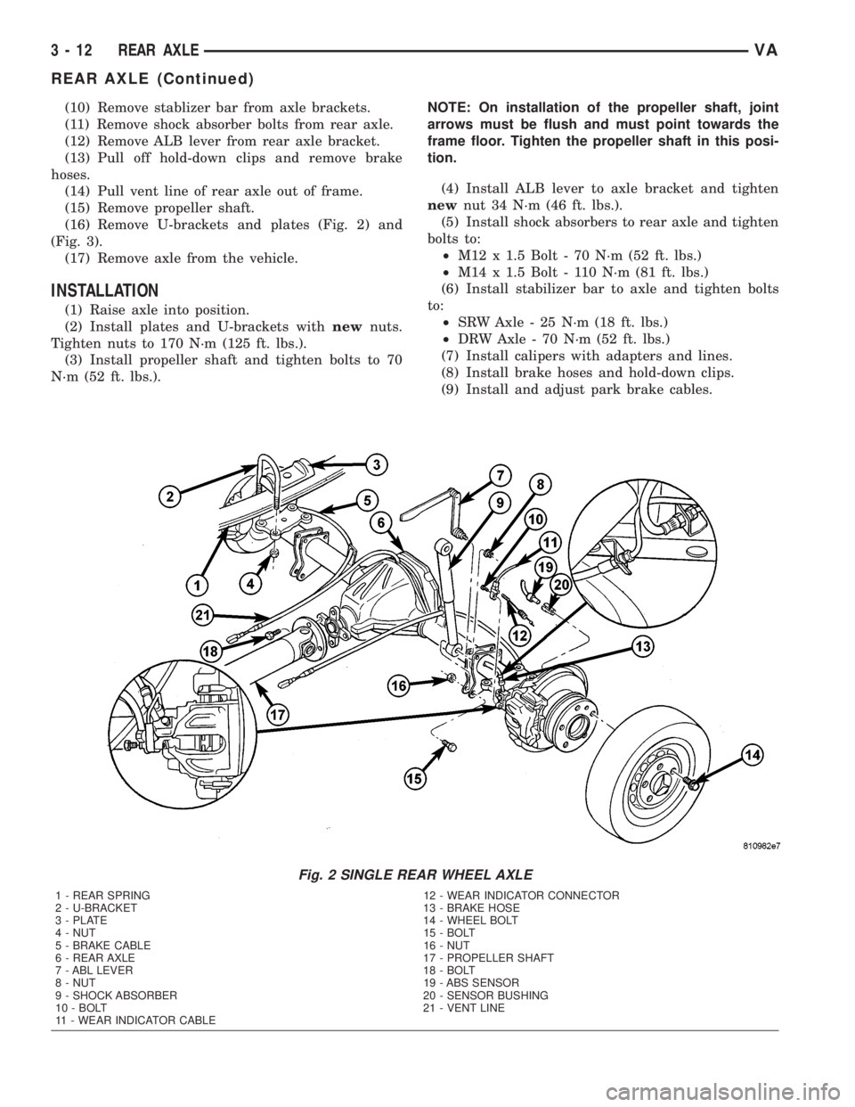 MERCEDES-BENZ SPRINTER 2005  Service Repair Manual (10) Remove stablizer bar from axle brackets.
(11) Remove shock absorber bolts from rear axle.
(12) Remove ALB lever from rear axle bracket.
(13) Pull off hold-down clips and remove brake
hoses.
(14) 
