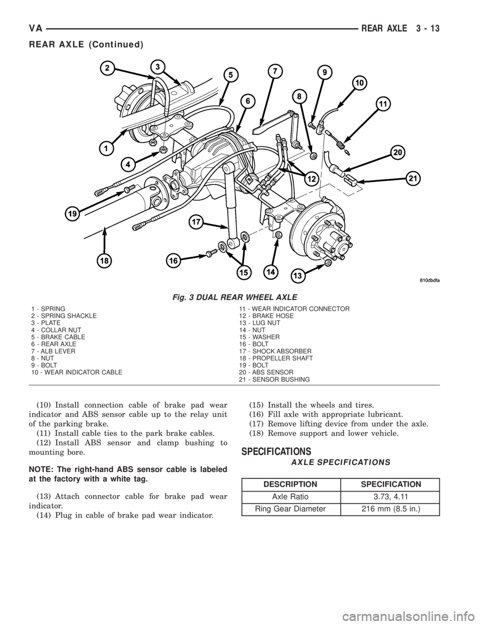MERCEDES-BENZ SPRINTER 2005  Service Repair Manual (10) Install connection cable of brake pad wear
indicator and ABS sensor cable up to the relay unit
of the parking brake.
(11) Install cable ties to the park brake cables.
(12) Install ABS sensor and 