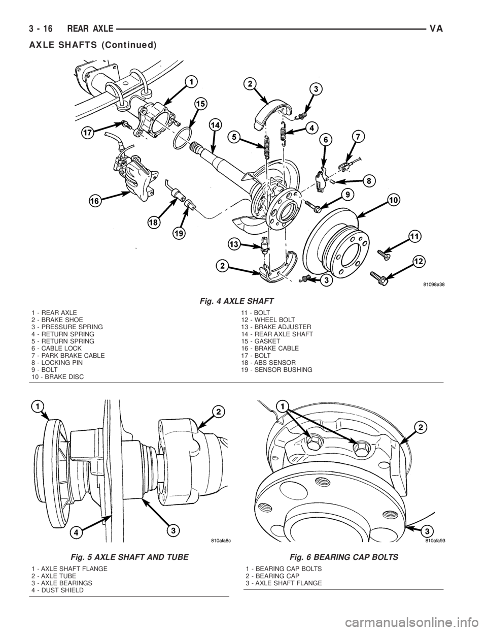MERCEDES-BENZ SPRINTER 2005  Service Repair Manual Fig. 4 AXLE SHAFT
1 - REAR AXLE 11 - BOLT
2 - BRAKE SHOE 12 - WHEEL BOLT
3 - PRESSURE SPRING 13 - BRAKE ADJUSTER
4 - RETURN SPRING 14 - REAR AXLE SHAFT
5 - RETURN SPRING 15 - GASKET
6 - CABLE LOCK 16 