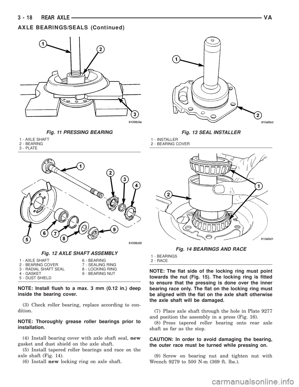 MERCEDES-BENZ SPRINTER 2005  Service Repair Manual NOTE: Install flush to a max. 3 mm (0.12 in.) deep
inside the bearing cover.
(3) Check roller bearing, replace according to con-
dition.
NOTE: Thoroughly grease roller bearings prior to
installation.
