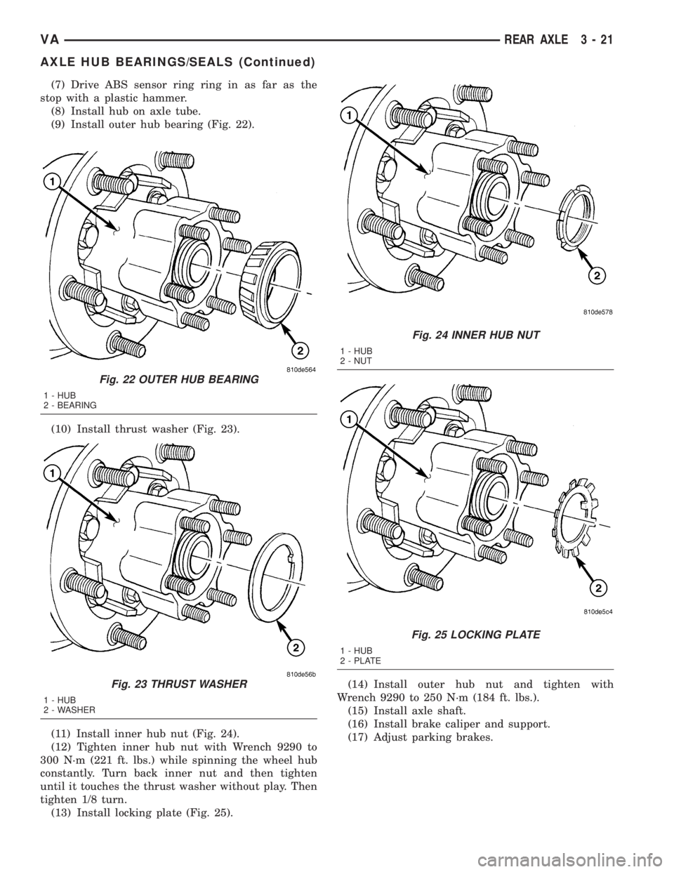 MERCEDES-BENZ SPRINTER 2005  Service Repair Manual (7) Drive ABS sensor ring ring in as far as the
stop with a plastic hammer.
(8) Install hub on axle tube.
(9) Install outer hub bearing (Fig. 22).
(10) Install thrust washer (Fig. 23).
(11) Install in