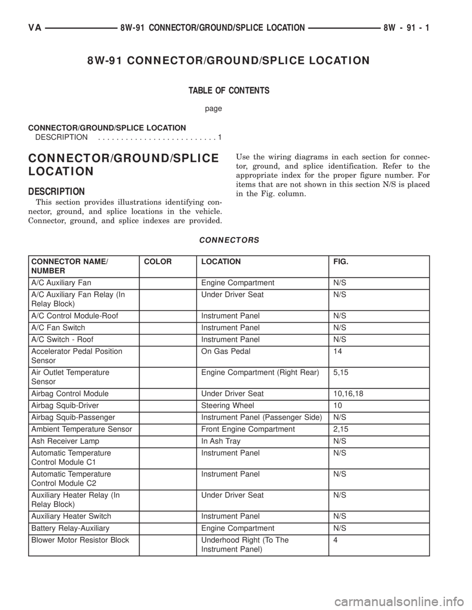 MERCEDES-BENZ SPRINTER 2005  Service Repair Manual 8W-91 CONNECTOR/GROUND/SPLICE LOCATION
TABLE OF CONTENTS
page
CONNECTOR/GROUND/SPLICE LOCATION
DESCRIPTION..........................1
CONNECTOR/GROUND/SPLICE
LOCATION
DESCRIPTION
This section provides