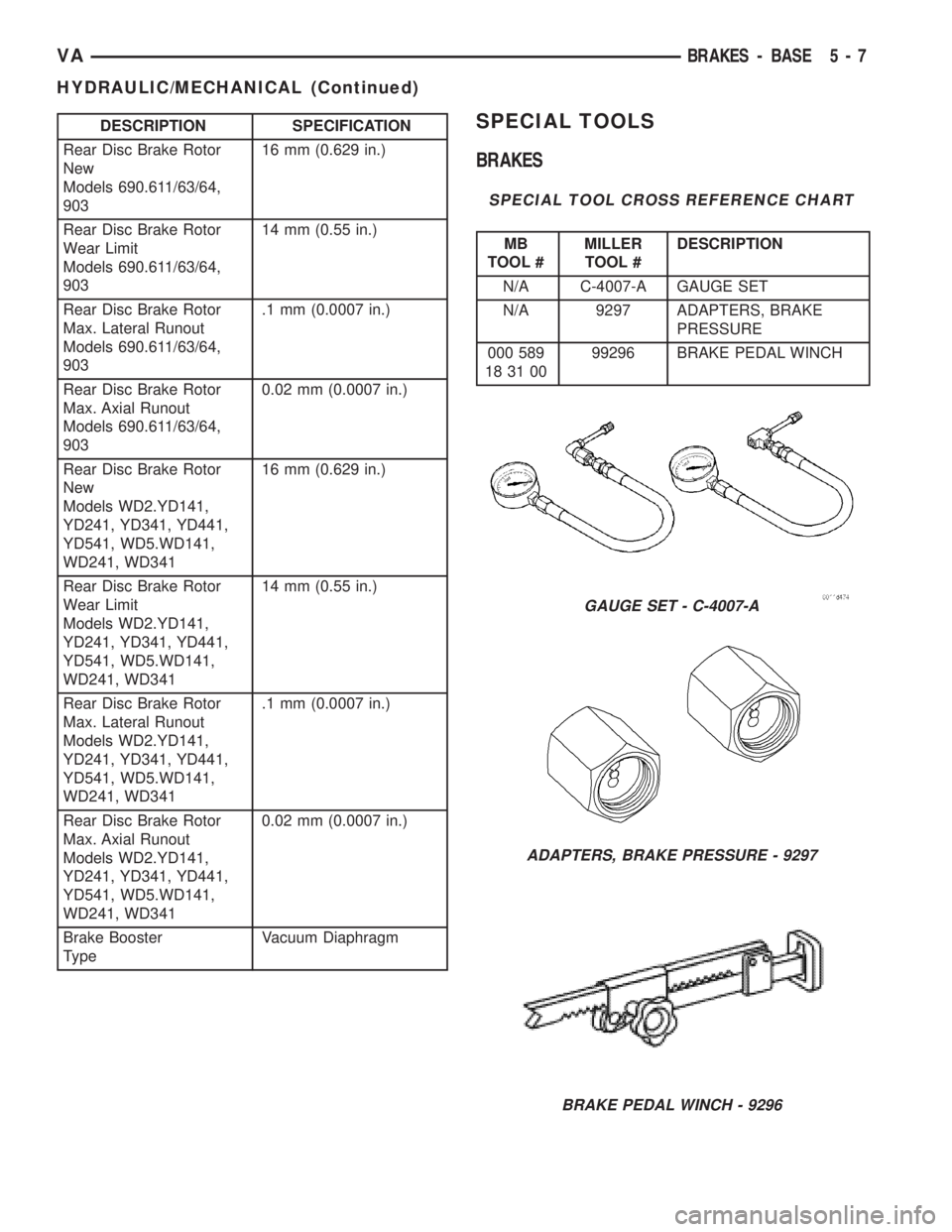 MERCEDES-BENZ SPRINTER 2005  Service Repair Manual DESCRIPTION SPECIFICATION
Rear Disc Brake Rotor
New
Models 690.611/63/64,
90316 mm (0.629 in.)
Rear Disc Brake Rotor
Wear Limit
Models 690.611/63/64,
90314 mm (0.55 in.)
Rear Disc Brake Rotor
Max. Lat
