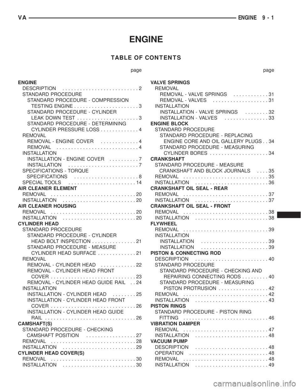 MERCEDES-BENZ SPRINTER 2005  Service Repair Manual ENGINE
TABLE OF CONTENTS
page page
ENGINE
DESCRIPTION..........................2
STANDARD PROCEDURE
STANDARD PROCEDURE - COMPRESSION
TESTING ENGINE......................3
STANDARD PROCEDURE - CYLINDER