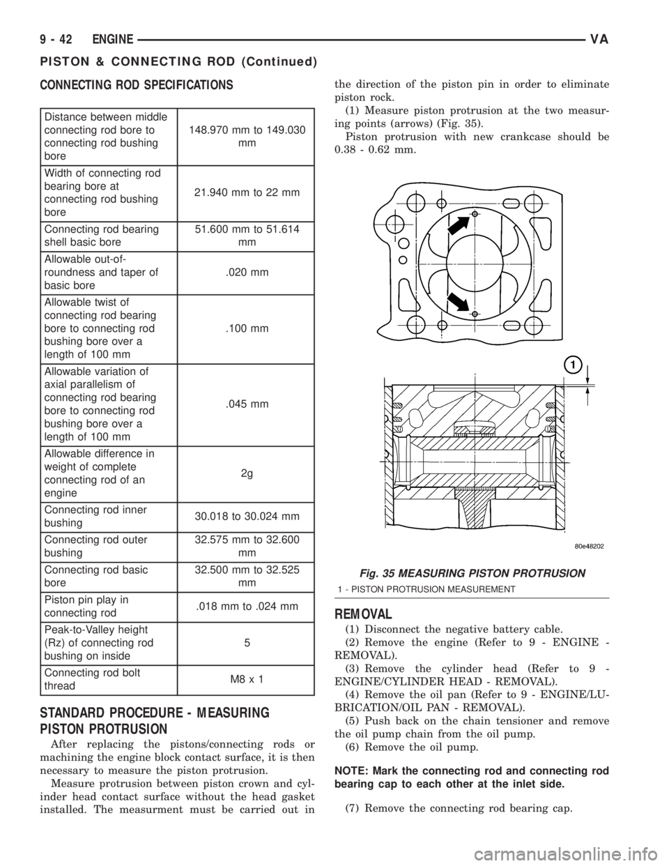 MERCEDES-BENZ SPRINTER 2005  Service Repair Manual CONNECTING ROD SPECIFICATIONS
Distance between middle
connecting rod bore to
connecting rod bushing
bore148.970 mm to 149.030
mm
Width of connecting rod
bearing bore at
connecting rod bushing
bore21.9