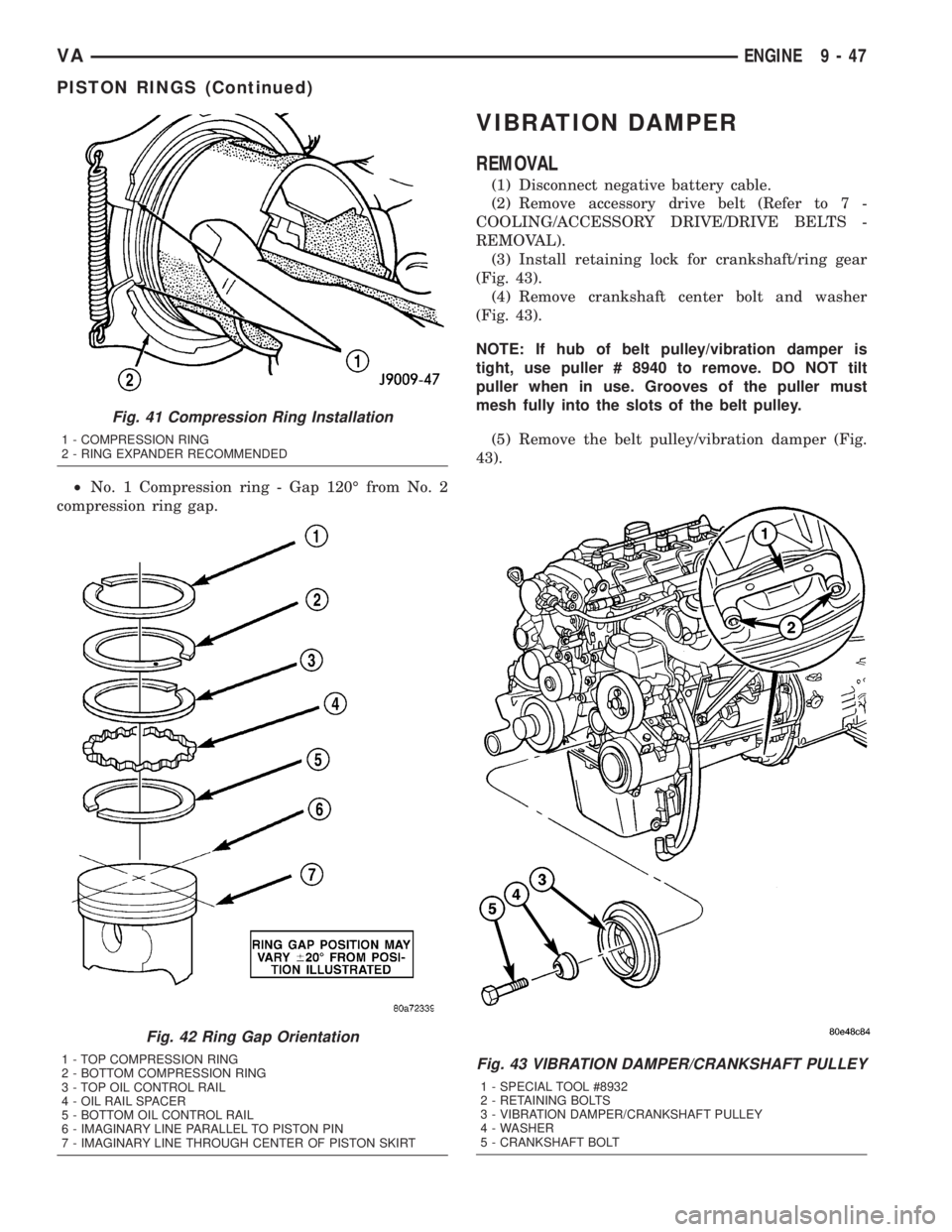 MERCEDES-BENZ SPRINTER 2005  Service Repair Manual ²No. 1 Compression ring - Gap 120É from No. 2
compression ring gap.
VIBRATION DAMPER
REMOVAL
(1) Disconnect negative battery cable.
(2) Remove accessory drive belt (Refer to 7 -
COOLING/ACCESSORY DR