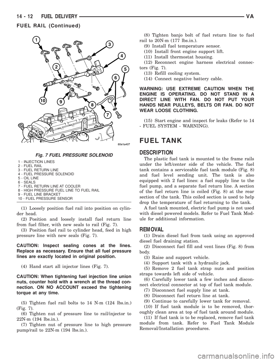 MERCEDES-BENZ SPRINTER 2005  Service Repair Manual (1) Loosely position fuel rail into position on cylin-
der head.
(2) Position and loosely install fuel return line
from fuel filter, with new seals to rail (Fig. 7).
(3) Position fuel rail to cylinder