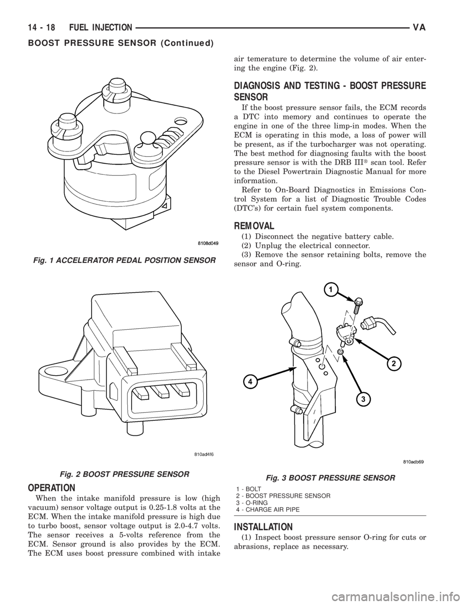 MERCEDES-BENZ SPRINTER 2005  Service Repair Manual OPERATION
When the intake manifold pressure is low (high
vacuum) sensor voltage output is 0.25-1.8 volts at the
ECM. When the intake manifold pressure is high due
to turbo boost, sensor voltage output