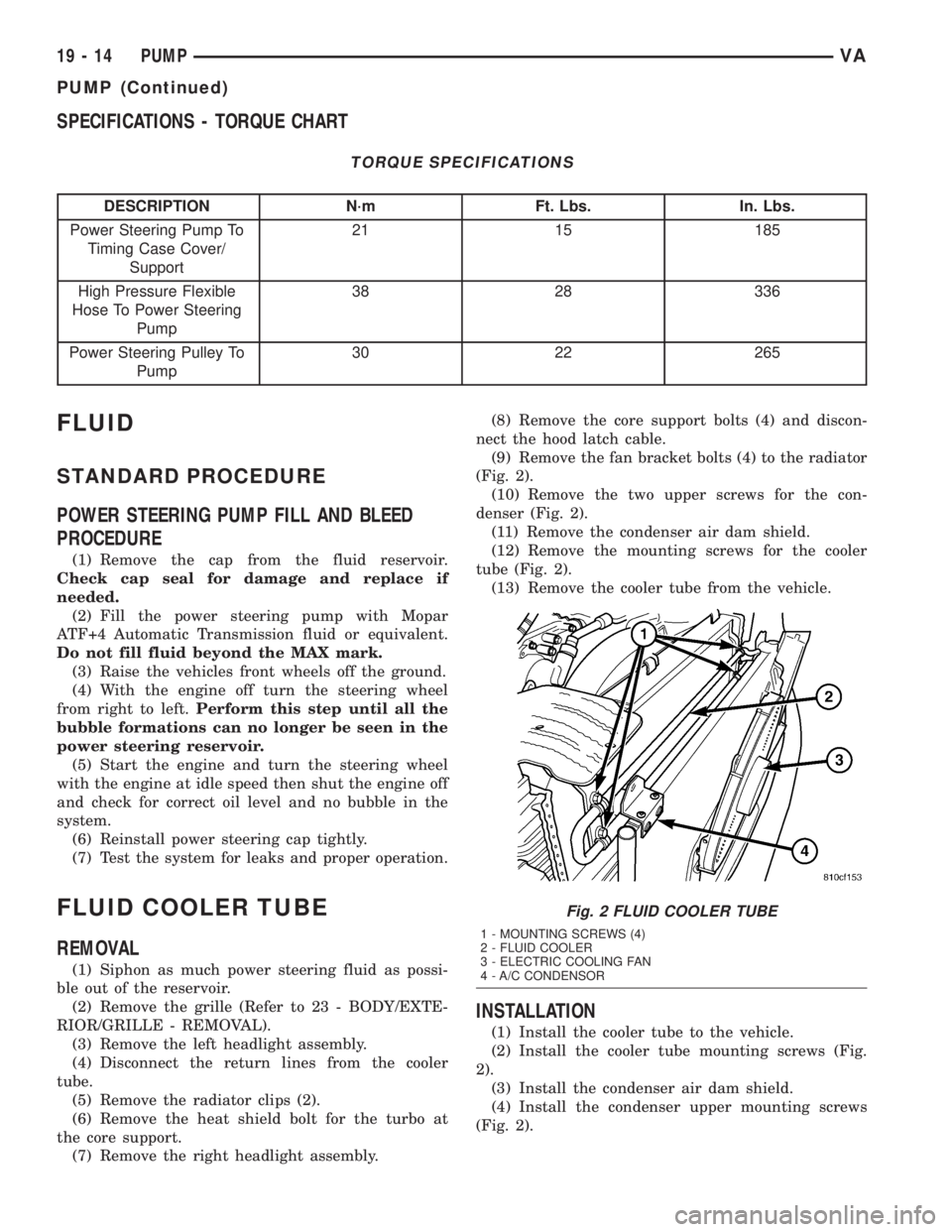 MERCEDES-BENZ SPRINTER 2005  Service Repair Manual SPECIFICATIONS - TORQUE CHART
TORQUE SPECIFICATIONS
DESCRIPTION N´m Ft. Lbs. In. Lbs.
Power Steering Pump To
Timing Case Cover/
Support21 15 185
High Pressure Flexible
Hose To Power Steering
Pump38 2