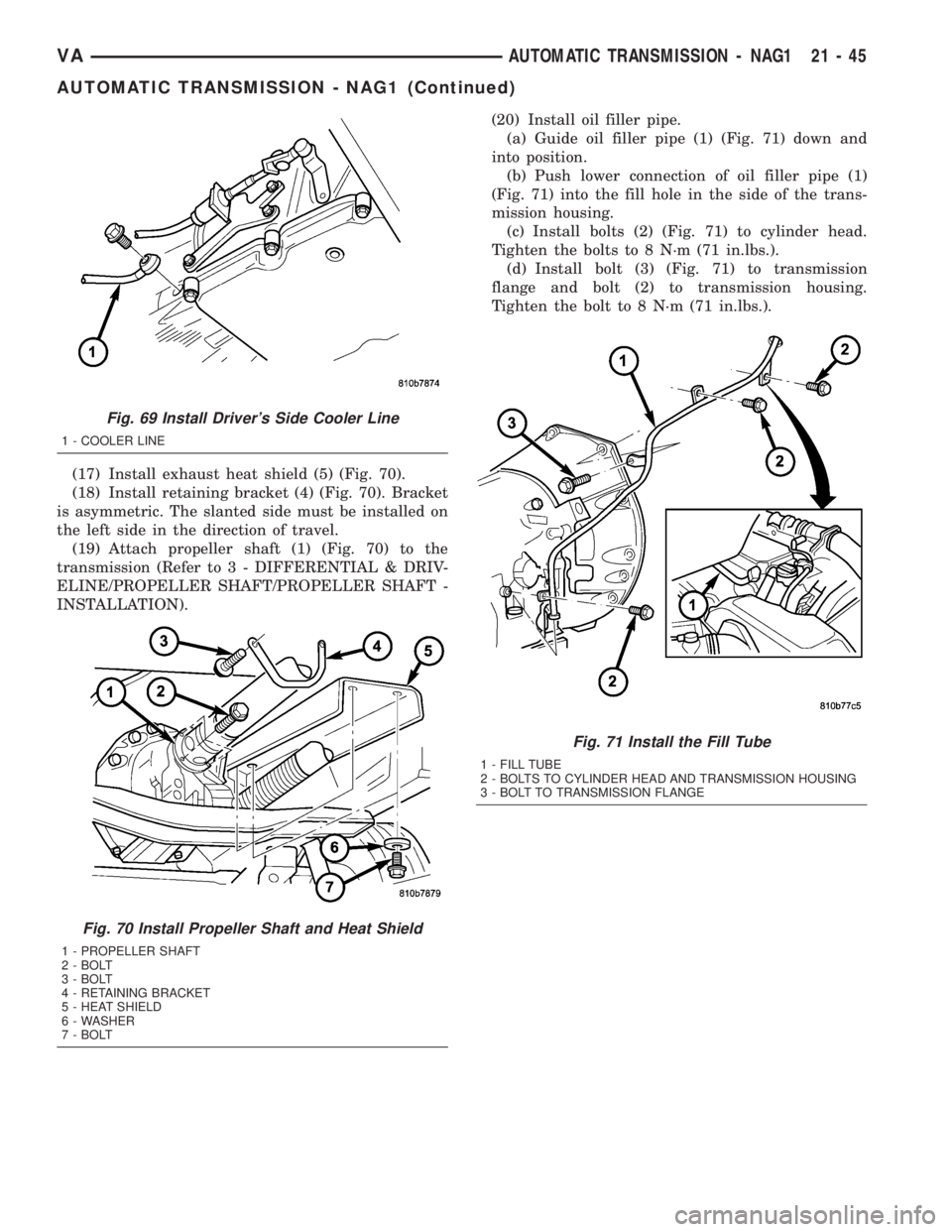 MERCEDES-BENZ SPRINTER 2005  Service Repair Manual (17) Install exhaust heat shield (5) (Fig. 70).
(18) Install retaining bracket (4) (Fig. 70). Bracket
is asymmetric. The slanted side must be installed on
the left side in the direction of travel.
(19