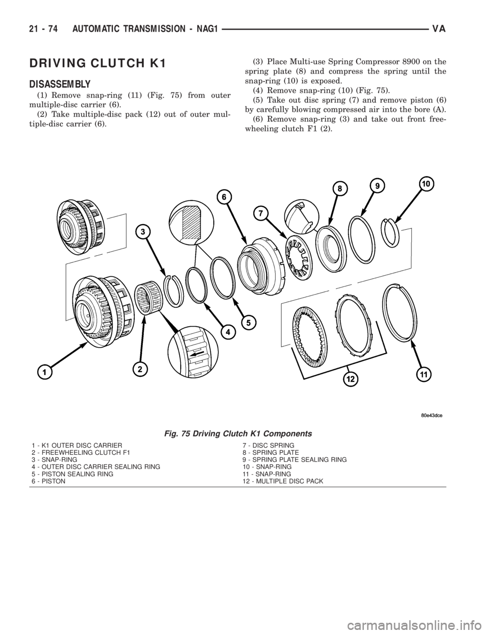 MERCEDES-BENZ SPRINTER 2005  Service Repair Manual DRIVING CLUTCH K1
DISASSEMBLY
(1) Remove snap-ring (11) (Fig. 75) from outer
multiple-disc carrier (6).
(2) Take multiple-disc pack (12) out of outer mul-
tiple-disc carrier (6).(3) Place Multi-use Sp