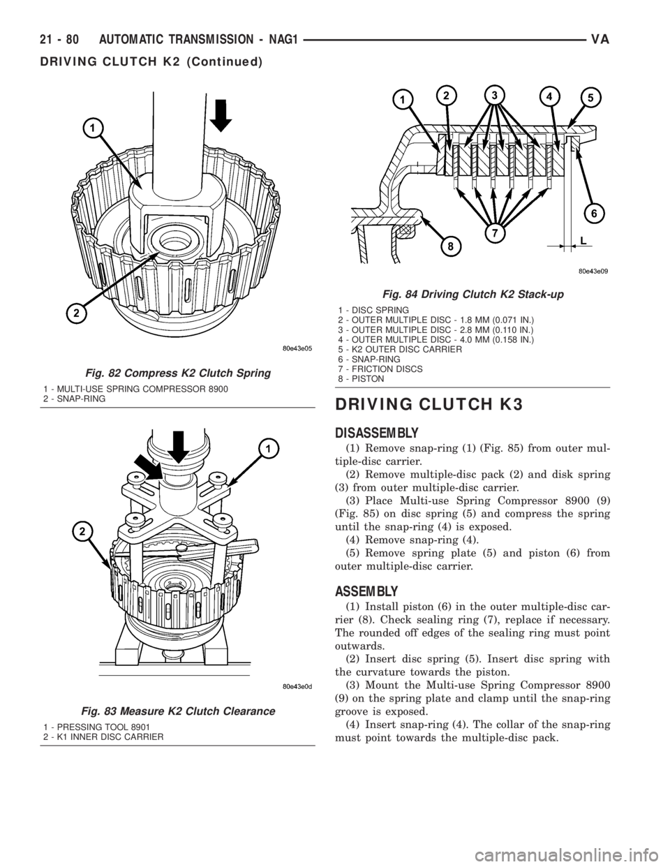 MERCEDES-BENZ SPRINTER 2005  Service Repair Manual DRIVING CLUTCH K3
DISASSEMBLY
(1) Remove snap-ring (1) (Fig. 85) from outer mul-
tiple-disc carrier.
(2) Remove multiple-disc pack (2) and disk spring
(3) from outer multiple-disc carrier.
(3) Place M