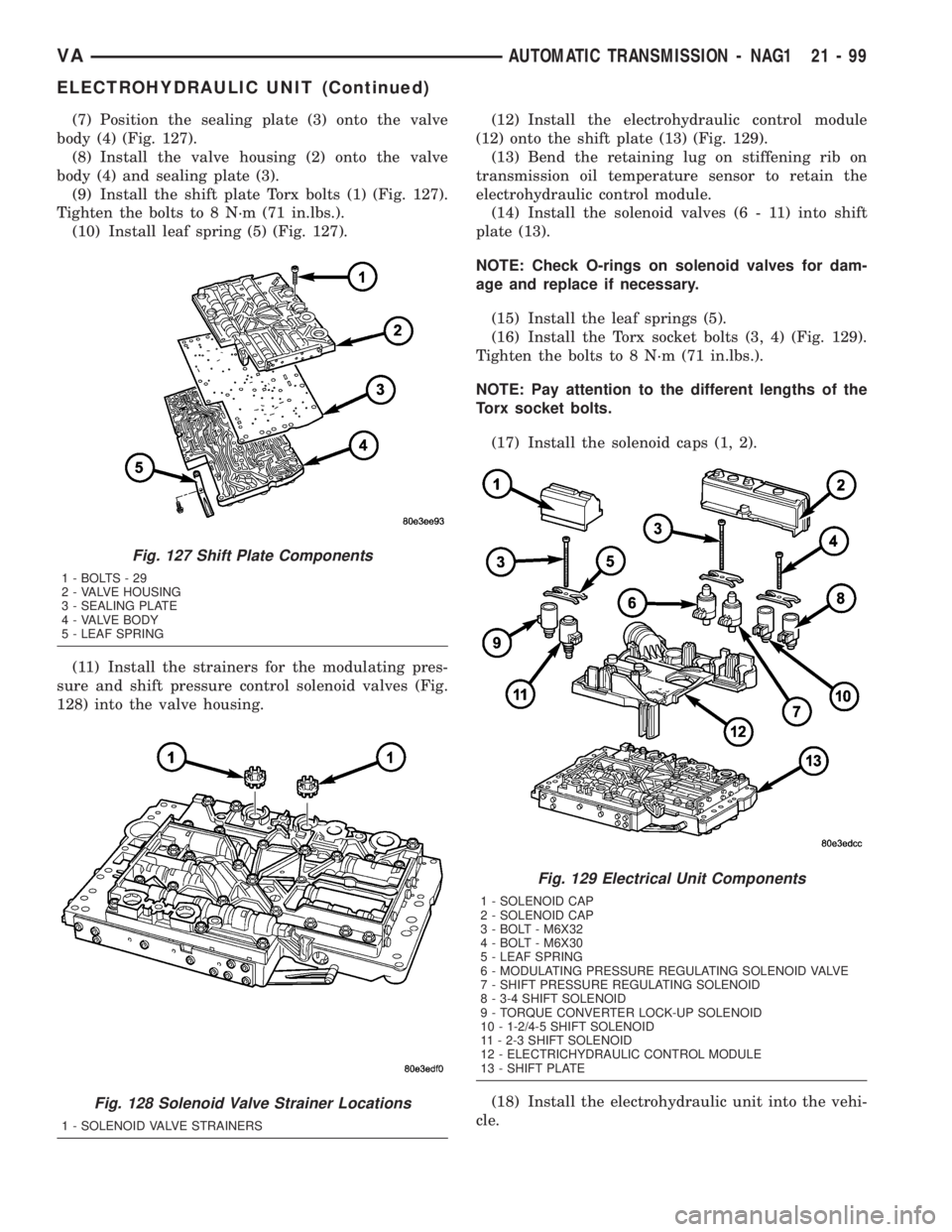 MERCEDES-BENZ SPRINTER 2005  Service Repair Manual (7) Position the sealing plate (3) onto the valve
body (4) (Fig. 127).
(8) Install the valve housing (2) onto the valve
body (4) and sealing plate (3).
(9) Install the shift plate Torx bolts (1) (Fig.