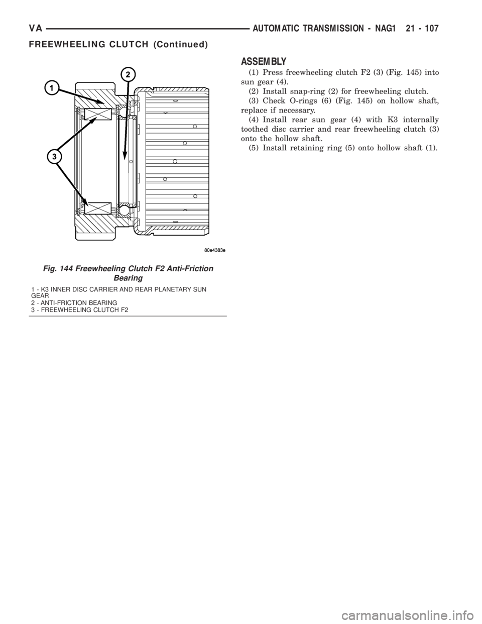 MERCEDES-BENZ SPRINTER 2005  Service Repair Manual ASSEMBLY
(1) Press freewheeling clutch F2 (3) (Fig. 145) into
sun gear (4).
(2) Install snap-ring (2) for freewheeling clutch.
(3) Check O-rings (6) (Fig. 145) on hollow shaft,
replace if necessary.
(