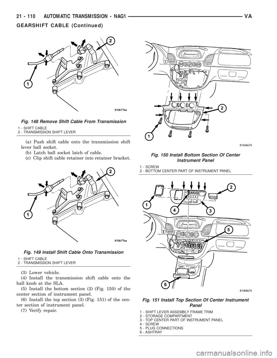 MERCEDES-BENZ SPRINTER 2005  Service Repair Manual (a) Push shift cable onto the transmission shift
lever ball socket.
(b) Latch ball socket latch of cable.
(c) Clip shift cable retainer into retainer bracket.
(3) Lower vehicle.
(4) Install the transm
