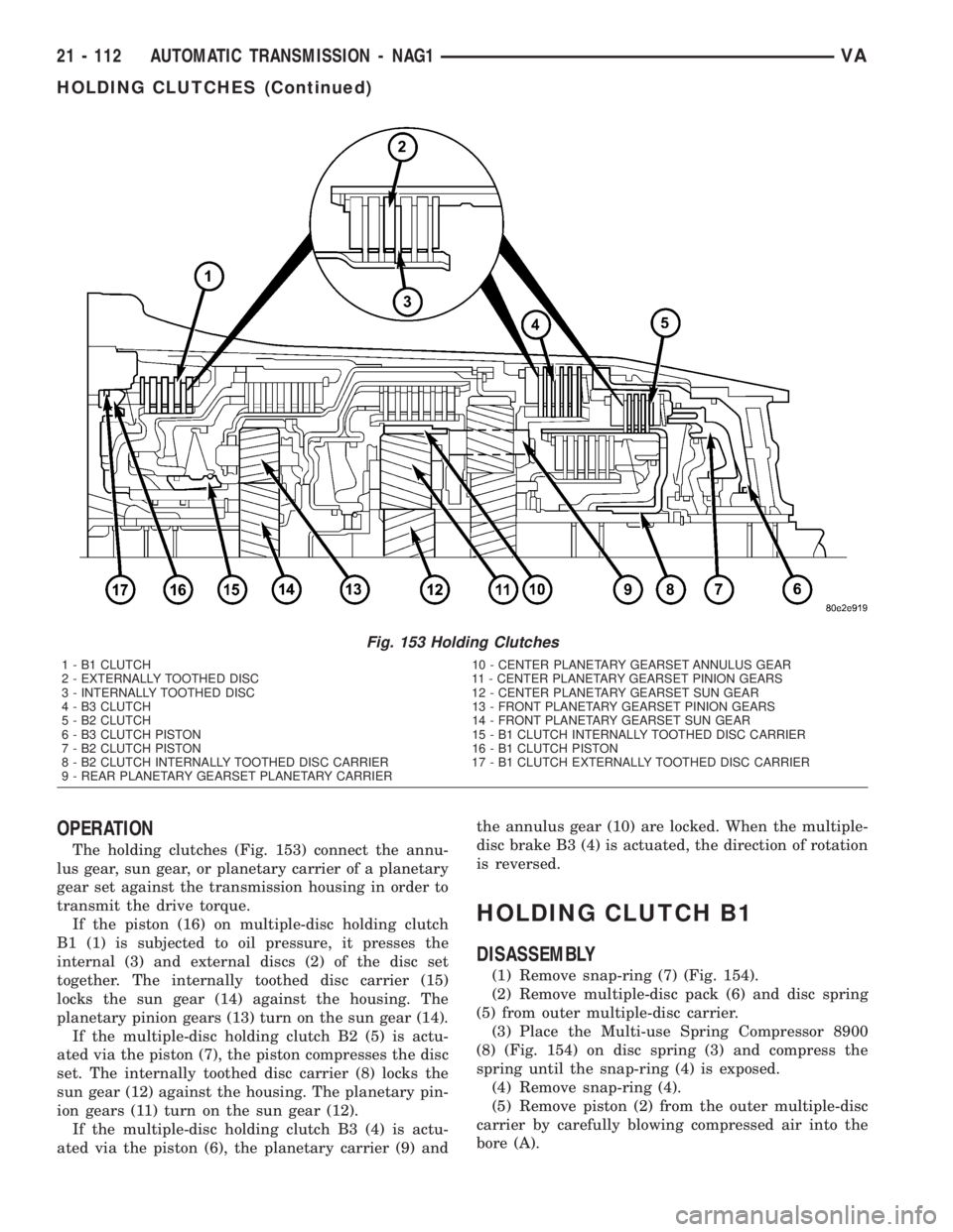 MERCEDES-BENZ SPRINTER 2005  Service Repair Manual OPERATION
The holding clutches (Fig. 153) connect the annu-
lus gear, sun gear, or planetary carrier of a planetary
gear set against the transmission housing in order to
transmit the drive torque.
If 