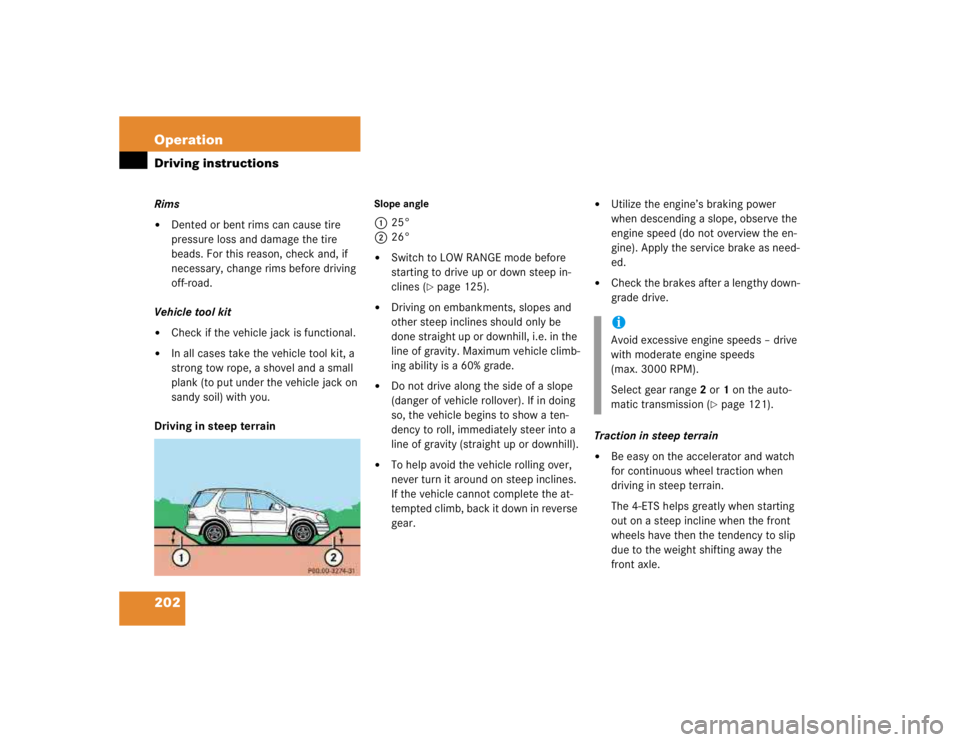 MERCEDES-BENZ ML320 1997 Complete Repair Manual 202 OperationDriving instructionsRims
Dented or bent rims can cause tire
pressure loss and damage the tire
beads. For this reason, check and, if
necessary, change rims before driving
off-road.
Ve MERCEDES-BENZ ML320 1997 Complete Repair Manual 202 OperationDriving instructionsRims
Dented or bent rims can cause tire
pressure loss and damage the tire
beads. For this reason, check and, if
necessary, change rims before driving
off-road.
Ve