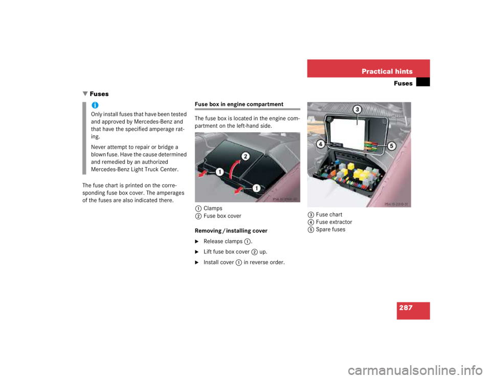 MERCEDES-BENZ ML320 1997  Complete Repair Manual 287 Practical hintsFuses
Fuses
The fuse chart is printed on the corre-
sponding fuse box cover. The amperages 
of the fuses are also indicated there.
Fuse box in engine compartment
The fuse box is lo