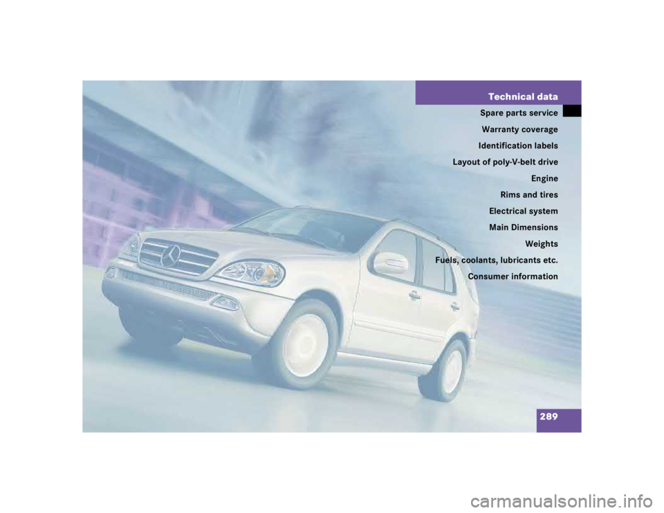 MERCEDES-BENZ ML320 1997  Complete Repair Manual 289 Technical data
Spare parts service
Warranty coverage
Identification labels
Layout of poly-V-belt drive
Engine
Rims and tires
Electrical system
Main Dimensions
Weights
Fuels, coolants, lubricants e