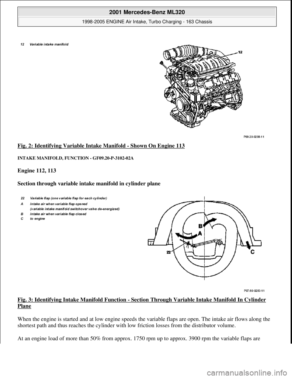 MERCEDES-BENZ ML320 1997  Complete Repair Manual Fig. 2: Identifying Variable Intake Manifold - Shown On Engine 113 
INTAKE MANIFOLD, FUNC TION - GF09.20-P-3102-02A 
Engine 112, 113   
Section through variable intake manifold in cylinder plane     
