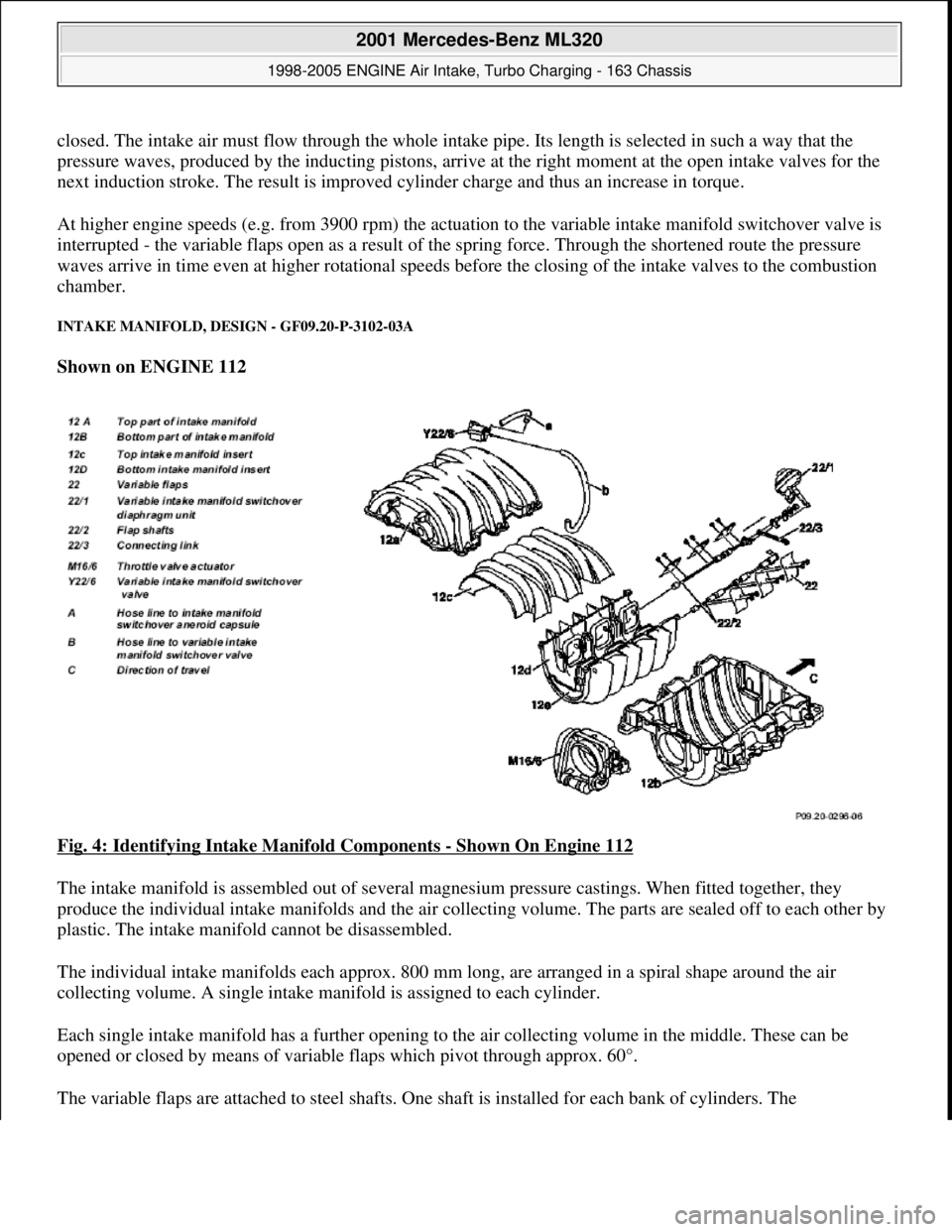 MERCEDES-BENZ ML320 1997 Complete Repair Manual closed. The intake air must flow through the whole intake pipe. Its length is selected in such a way that the
pressure waves, produced by the inducting pistons, arrive at the right moment at the open MERCEDES-BENZ ML320 1997 Complete Repair Manual closed. The intake air must flow through the whole intake pipe. Its length is selected in such a way that the
pressure waves, produced by the inducting pistons, arrive at the right moment at the open