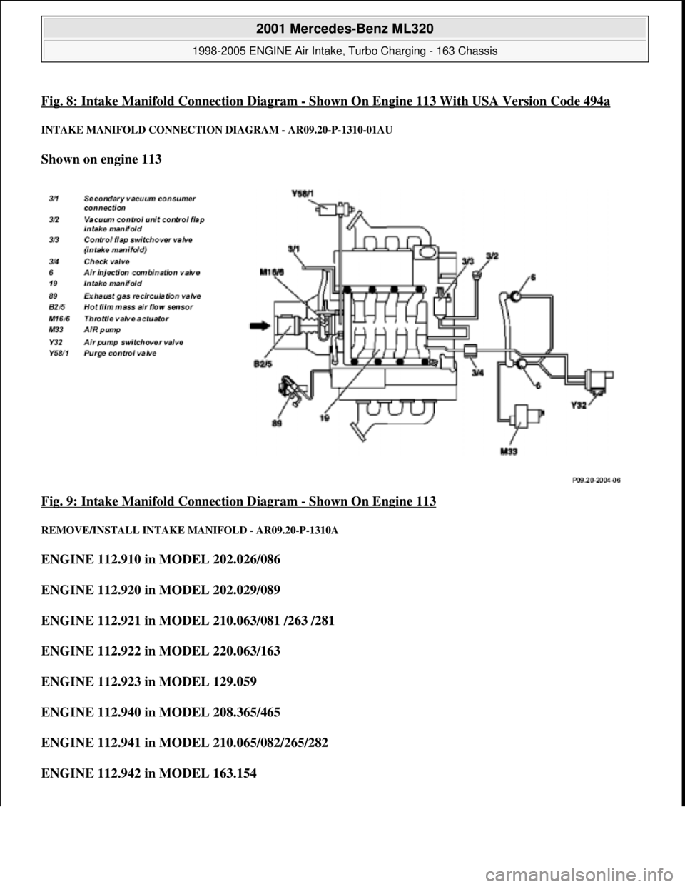 MERCEDES-BENZ ML320 1997  Complete Repair Manual Fig. 8: Intake Manifold Connection Diagram -Shown On Engine 113 With USA Version Code 494a
INTAKE MANIFOLD CONNECTION DIAGRAM - AR09.20-P-1310-01AU 
Shown on engine 113  
Fig. 9: Intake Manifold Conne