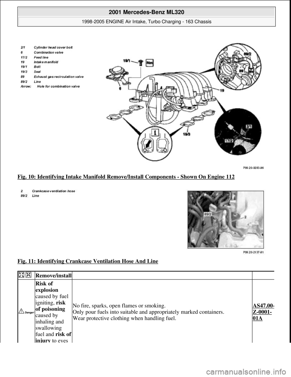 MERCEDES-BENZ ML320 1997  Complete Repair Manual Fig. 10: Identifying Intake Manifo ld Remove/Install Components - Shown On Engine 112  
Fig. 11: Identifying Crankcas  e Ventilation Hose And Line
 
  Remove/install  
 
Risk of  
explosion    
caused