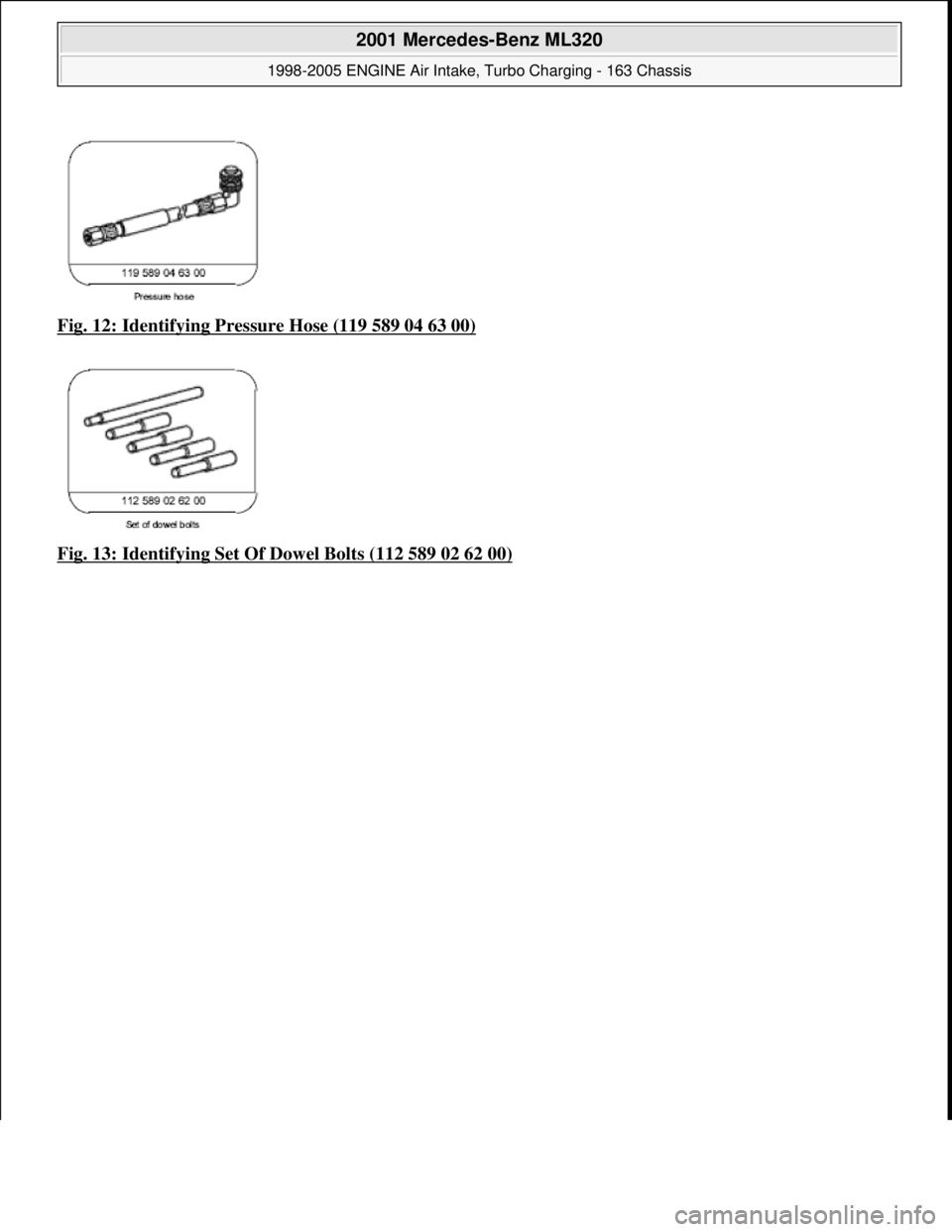 MERCEDES-BENZ ML320 1997  Complete Repair Manual Fig. 12: Identifying Pressure Hose (119 589 04 63 00)  
Fig. 13: Identifying Set Of Dowel Bolts (112 589 02 62 00)
 
2001 Mercedes-Benz ML320 
1998-2005 ENGINE Air Intake, Turbo Charging - 163 Chassis