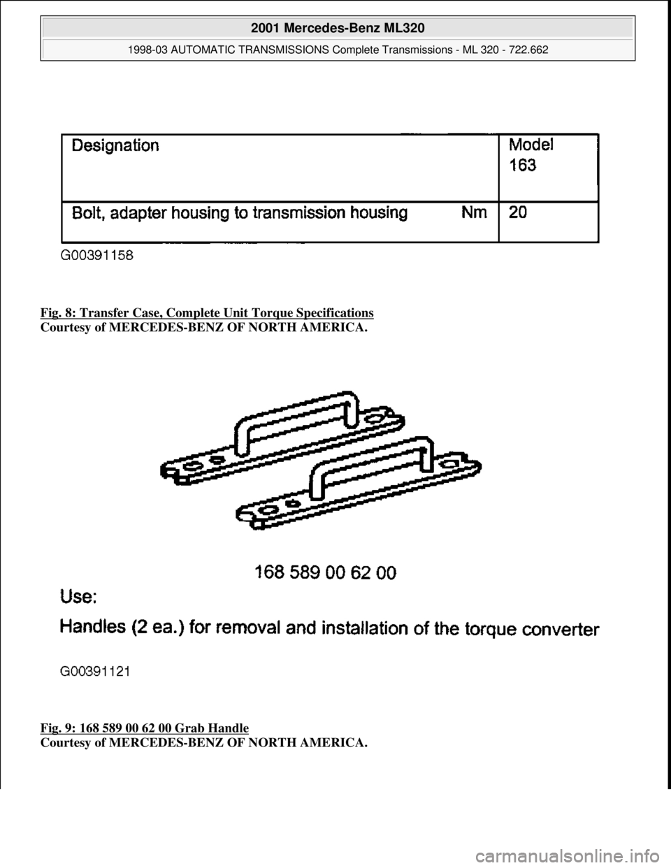 MERCEDES-BENZ ML320 1997  Complete Repair Manual Fig. 8: Transfer Case, Complete Unit Torque Specifications 
Courtesy of MERCEDES-BENZ OF NORTH AMERICA. 
Fig. 9: 168 589 00 62 00 Grab Handle
 
Courtesy of MERCEDES-BENZ OF NORTH AMERICA.
 
2001 Merce